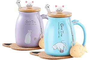MENGCAT Regalo Donna Compleanno Tazza Gatto, Tazza da caffè in ceramica a forma di gatto, con coperchio a forma di gattino, cucchiaio in acciaio inox, idea Regali Natale Tazze Natalizie 380 ml (blu e viola)