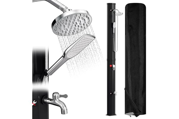 Randaco Douche solaire de jardin - Eau chaude jusqu'à 60 °C - Sans raccordement électrique - Douche de piscine - Camping avec douchette à pied et pommeau de douche à effet pluie pivotant - Noir (40 l)