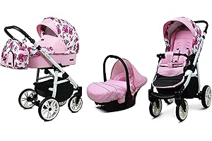BabyLux Colourlux 3 in 1 Baby Travel System |Carrozzina con Navicella|Parapioggia Staccabile, Coprigambe, Ruote con Pneumatici in Gel | Bouquets Peony On White & Telaio Biancho, 59x101x112 cm