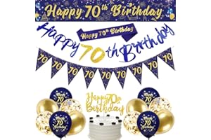 DEARLIVES 70th Birthday Decorations for Him,Navy Blue & Gold Party Set with Happy 70th Birthday Banner, Triangle Flag Bunting & Confetti Balloons Party Supplies for Men