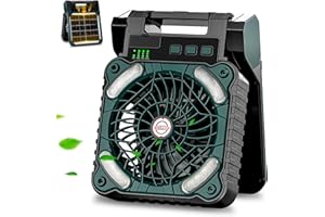 Sendowtek Ventilateur Solaire Portable pour Camping 10400mAh, Puissant Silencieux 4 Vitesses avec LED et Minuterie, Ventilateur Batterie Rechargeable USB pour Tente Extérieur Voyages Rafraîchissement
