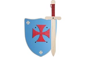 GERILEO Spada e Scudo da Cavaliere in Legno Fatti a Mano - Giocattolo Bambino, Bambina, Bambini - Complemento Giochi, Giochi Imitazione, Costume, Medievale, Guerriero, Festa Tema, Medioevo (Scudo Blu XL)