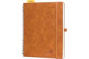 POPRUN Kalendarz 2026 Tygodniowy Spirala 26,5 x 21,5 cm, 1 Strona na Tydzień, z Zakładka i Linijką, Miękka Okładka ze Skóry PU, Gruby Papier 100 GSM, Brązowy