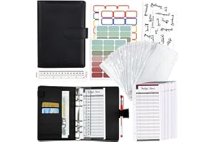 Kizaten Classeur Budget, A6 Enveloppe Budget en PU Cuir, Carnet Enveloppe Budget avec 12 PVC Enveloppe Budget 12 Feuilles Budget, Budget Planner Francais avec Fermeture Magnétique (Noir)