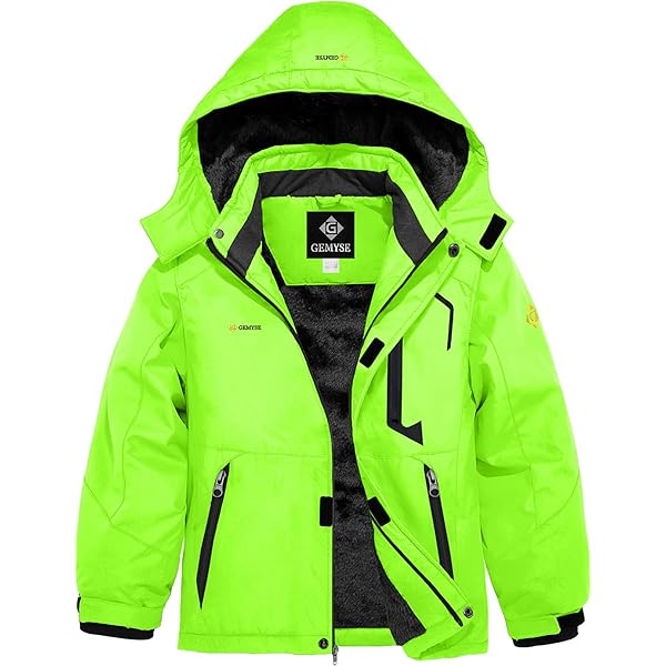 GEMYSE Waterdichte ski-sneeuwjas voor jongens, fleece winddichte winterjas met capuchon, Aqua Groen, 6-7