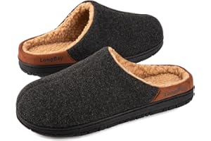 LongBay Men's Wool-Like Slippers Memory Foam House Shoes with Warm Sherpa Lining for Indoor Outdoor Winter