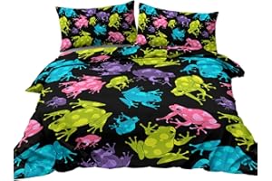 BlessLiving Frog Bedding Colorful Frogs on Black Pattern Printed Duvet Cover with Zipper Closure, Soft Quilt Cover Sets, Cozy Bed Set for All Season, 3 Piece, Single Size