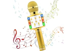 MOOKLIN ROAM Microfono Inalámbrico Karaoke, 4 en 1 LED Reproductore Bluetooth Portatil, Compatible con Android/iOS PC o Teléfono Inteligente para Niños Canta Partido Musica - Oro