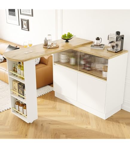 Table à Manger Pivotante 360° Avec Armoire De Rangement - Meuble Bar Cuisine 3 Portes, étagères Réglables - Blanc - Dimensions Plié/déplié : 138x39x105 Cm / 204x39x105 Cm