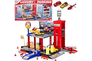 CELMAN Zestaw do zabawy dla dzieci – wielopoziomowy parking z ręcznie obsługiwaną windą, w zestawie 2 metalowe samochody, helikopter i akcesoria, zabawka dla dzieci od 3, 4, 5, 6, 7, 8 lat