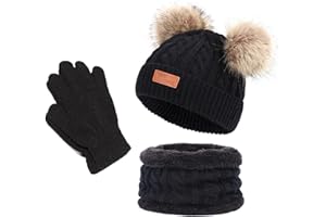 OUTFIT SPRING Bonnet Écharpe Gants Ensemble, Filles Garcons Hiver Chaud Tricoté Chapeau avec Pompon Doux Polaire Doublure Tour de Cou Gants 3 en 1, Enfant 2-8 Ans Épaissir Accessoires Hiver Set