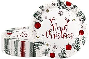 AHPYEUHK Christmas Party Paper Plates Disposable 7 Inch 50 pcs Dinner Plates Dessert Plates Christmas Bell Green Branch Holiday Party Decorations