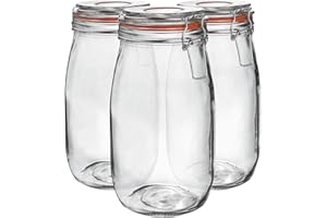 Argon Tableware Glass Jars with Airtight Metal Clip Lid - 1500ml/50.7oz - 3 Pack - 4 Colour Seals - Large Kitchen Storage Container Round Preserving Jar for Pickling, Chutney, Jam, Coffee