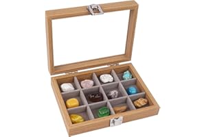 Dmnnlp 12 Grids Rock Display Case, hölzerne Rock Collection Box mit klarem Glasdeckel, Storage Display Boxen für Sammlerstücke Edelstein Fossil Kristall Stein Schmuck (Dunkelbraun)
