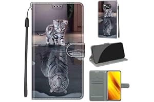 KENHONER Funda para Xiaomi Poco X3 Pro Carcasa, Case Xiaomi Poco X3 / X3 NFC Funda Libro con Tapa Piel Case Flip Cuero,Cierre Magnético Antichoque - Gato y Tigre