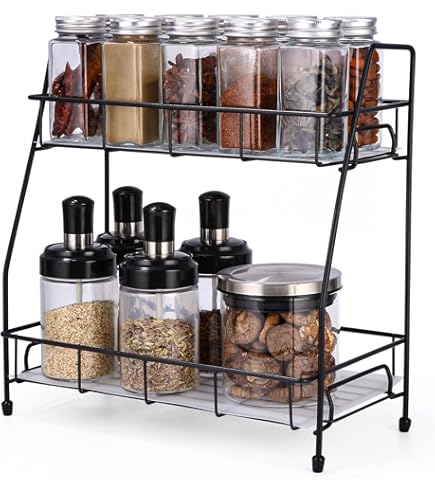 Portaspezie A 2 Piani Juehu - In Acciaio Inox Nero - Organizzatore Per Cucina Con Ganci - Capacità 20kg - Foto 8