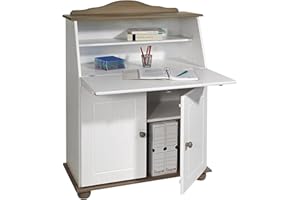 IDIMEX DAVID COLMAR - Scrivania segretaria in stile rustico, in pino massiccio, tortora/bianco