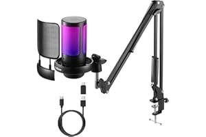 FerBuee USB PC Gaming Micrófono con luz RGB Micrófono de Condensador con Botón de Silencio, Control de Volumen, Conector para Auriculares de 3.5mm. Compatible con Windows, MacOS