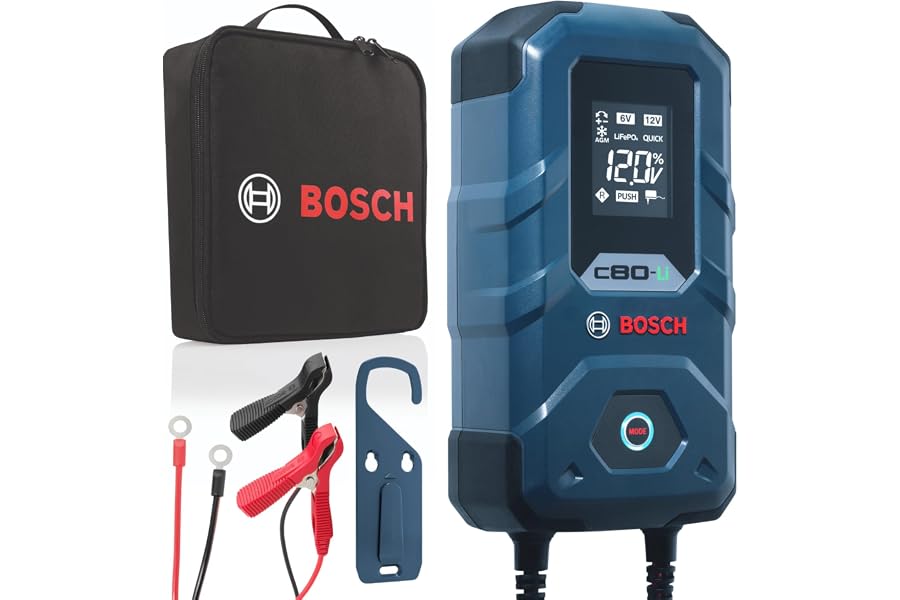 Bosch Cargador de Batería para Coche C80-Li, 15 Amperios | Con Función de carga continua - Para Baterías de Plomo-ácido,