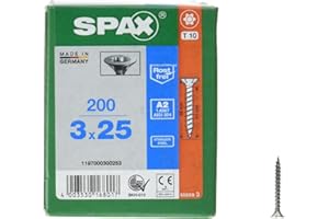 SPAX Universalschraube aus Edelstahl rostfrei A2, 3,0 x 25 mm, 200 Stück, T-STAR plus, Senkkopf, Vollgewinde, S-Spitze, 1197000300253