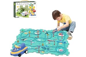 DQTYE Puzzle Slot Car Track Playset DIY Assembling Electric Trolley Battery-Operated Toy Vehicle & Puzzle Board, Fun Rail Car Building Toys for Kids Ages 3+ Years - Sea World