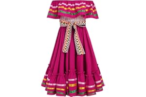 OMEWEE Kids Girls Cinco De Mayo Fiesta Traditional Mexican Dress with Belt Trajes de Indios Mexicanos Sleeveless Ruffle Drape Dress Mexican Cultural Fiesta Party Dresses