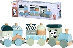 Eichhorn Holzzug mit 2 Waggongs und 13 Bausteinen, Lok und Anhänger Bestehend aus Bausteinen, 16 Teilig, 29 cm Lang, Motorikspielzeug Für Kinder Ab Einem Jahr