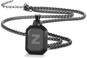 Miss Chipmunk Initial A-Z Halskette für Männer Jungen, Edelstahl schwarzes Quadrat Brief Anhänger Kette für Männer, 20 + 2 Zoll Weizen Kette Alphabet Monogramm Hundemarke Halsketten Schmuck Geschenke
