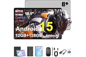 Crelander 10,1 Zoll Android 15 Tablet, 12GB+128GB Android Tablet, 8000mAh Akku, 1280x800 Touchscreen, 5G Bluetooth/WiFi, Bundle mit Hülle, Tastatur, Maus & Stylus (Grau)