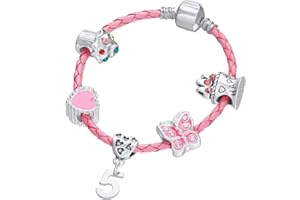 JEWELLERY HUT Children's Pink Leather Happy 5th Birthday Charm Bracelet With Gift Box - Girl's & Children's Birthday Gift Jewellery