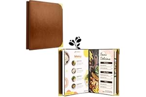 GLIMVILO Lot de 2 Porte-Menus A4 en Simili Cuir Caramel – 4 Pages 8 Vues – Porte-Menu Élégant – Protège-Menu avec Coins Dorés – Livre de Menus Professionnel