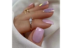 Ceboic 24 szt. francuskich sztucznych paznokci, krótkie, kwadratowe, błyszczące, czyste kolory, prasowane na paznokcie, fioletowe, brokatowe, sztuczne paznokcie z naklejką, wielokrotnego użytku,