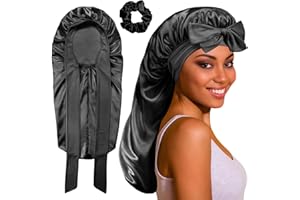 WAYMAYTECY 1 Stück Schwarze Satin Bonnet Lange Seidenhaarhaube zum Schlafen,Schwarze Breitkrempige Schlafhaube mit Haargummi,Schlafen Schlafmütze mit Elastischem,für Lockiges Lange Haaren Glatt Atmungsaktiv