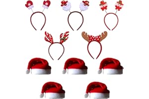 COSORO Costume Headwear 5Pcs Santa Hat & 5Pcs Christmas Headbands - Unisex Flannel Santa Claus Hat, Xmas Headbands for Christmas Party Goers - Gift for Adult/Kids
