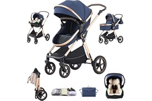 Shineey Poussettes 3 en 1 Citadines Poussettes Combinées Poussette Tricycle Baby Walker Poussette Haute Paysage Poussettes Landau pour 0-36 mois Pliantes Trolley Bébé (D2-BLUE, H2-D)