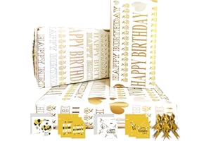 RU-X Papier Cadeau Anniversaire 85 * 60cm, 4 Feuille Avec 4 Noeud Papillon Or, 2 Carte Anniversaire, 4 Etiquette, Pour Enfant Fille Garcon Homme Femme