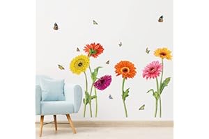 decalmile Pegatinas de Pared Flores Gerbera Vinilos Decorativos Crisantemo Floral de Jardín Mariposas Adhesivos Pared Habitación Infantiles Dormitorio Salón