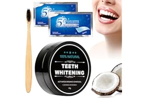 SHOWHEEL Poudre de Blanchiment des Dents,Blanchiment Dentaire Naturel,Dents Au Charbon Actif Poudre,1 Brosses à Dents en Bambou,2 Bandes Blanchissantes,Pour Enlever les Taches et Blanchir les Dents