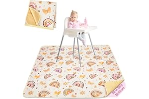 Tappetino Seggiolone Bambini 107x117cm, Unicorn Castle Tappeto Impermeabile Lavabile Antiscivolo, Splash Mat Pieghevole Portatile per Svezzamento e Protezione del Pavimento,Brown Rainbow