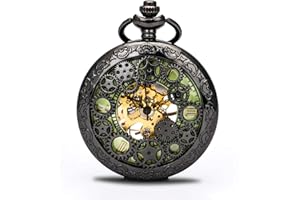 BOSHIYA Mens Vintage Skeleton Pocket Watch Steampunk Windup Half Hunter Mécanisme Gear Cover avec chaîne