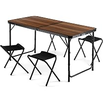 Ensemble Table De Camping Pliable + 4 Chaises – Acier Carbone – 120 Cm – Poches Latérales – Noir – Pour Jardin, Pique-nique, Pêche