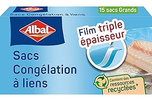 Albal - 15 sacs Congélation à Liens - Grand Modèle 6L - Triple épaisseur - Boîte distributrice - Contient des ressources recyclées