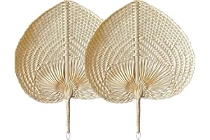 Anwangda 2pcs Hand-Woven Fan, Natural Hand Weaving Fan, Summer Manual Straw Hand Fans, Pure Handmade DIY Heart Shaped Bamboo Woven Fan for Summer, Beach, Party, Wedding(Beige)