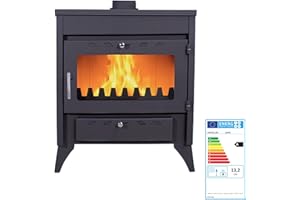 EIDER BIOMASA Poêle à Bois 17,05 KW - Compact 84 x 51 x 66 cm - Faible consommation - Fonte - Grande Chambre pour Grands Troncs - Jusqu'à 297 m3 - Efficacité énergétique Classe A - Vision du feu