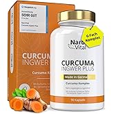 Kurkuma Ingwer Kapseln hochdosiert - Mit Curcuma Extrakt, Gerstengras, Kurkuma Pulver, Ingwer, Piperin, Curcumin - 90 vegane 