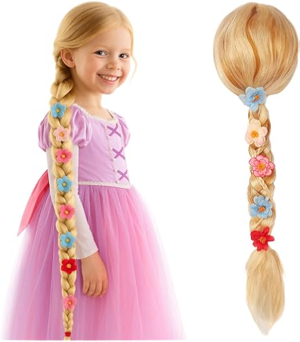 Perruque Raiponce pour enfants 27 perruques tressées longues cheveux Raiponce avec diadème fleuri perruque emmêlée po