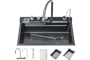 Cesinkin Évier de Cuisine Multifonction avec Haute Pression Robinet Cuisine Bec Extractible et 4 Modes de Pulvérisation Acier Inoxydable Gris Canon 75 * 45 * 21 Evier 1 Bac