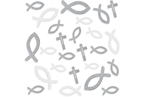 HAKACC Fische Streudeko, 100 Stücke Holz Kreuz Fisch deko Tischdeko Verzierung, silbrig und Weiß Fischdeko Verzierung in Verschiedene Größen für Taufe, Kommunion, und Konfirmation