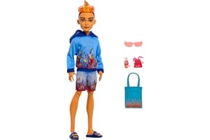 Monster High Scare-adise Island Heath Burns Doll with Flame Hoodie, Swim Trunks and Beach Accessories Like Sunglasses