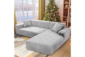 NAKIHOUSE Dicke Samt Sofa Überwürfe Sofabezug mit einem Kissenbezug, Superweicher Elastische Sofa Abdeckung in Silber-Grau Farbe für 1/2/3/4 Sitzer（L-förmiges Ecksofa erfordert Zwei）